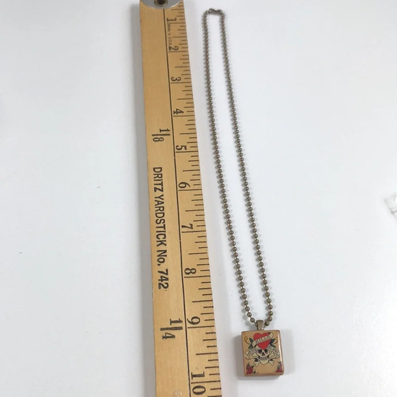Skull Print Necklace On Ball Chain Love Kills Slowly Spellout Scrabble Tile Wood - Picture 4 of 9